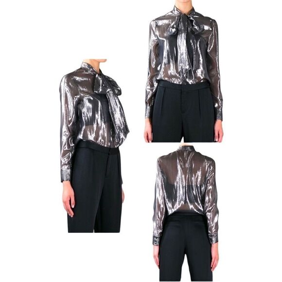 SAINT Laurent YSL Bow Neck Tie Metallic Silk Silver Collared Blouse Top Size 6 - Picture 4 of 14